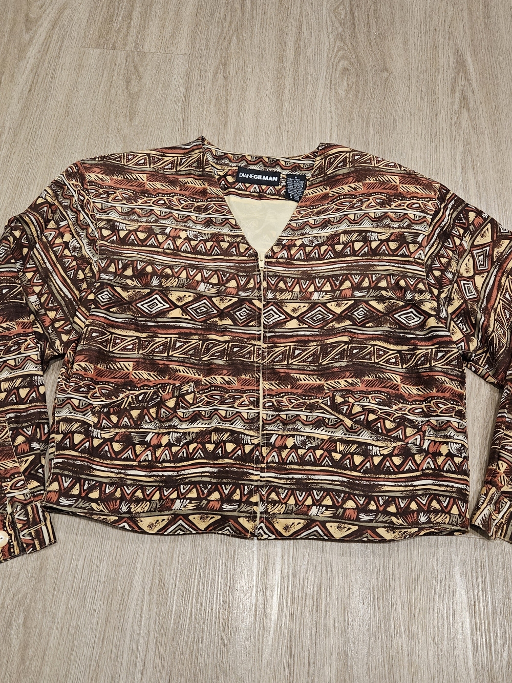 Vintage Diane Gilman 100% Silk Geometric Tribal Print Zip Jacket Size Medium